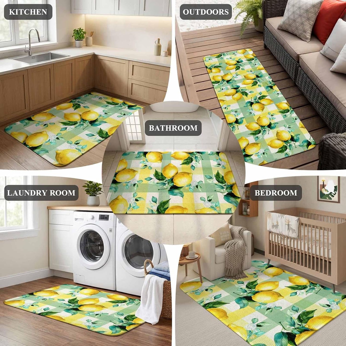Washable Kitchen Runner Rug, Summer Lemon Fruit Green Leaf Absorbent Non-Slip Runner Rug for Bedroom Hallway Entryway Stair, Light Yellow Green Check Doormat Area Rugs 16x47in