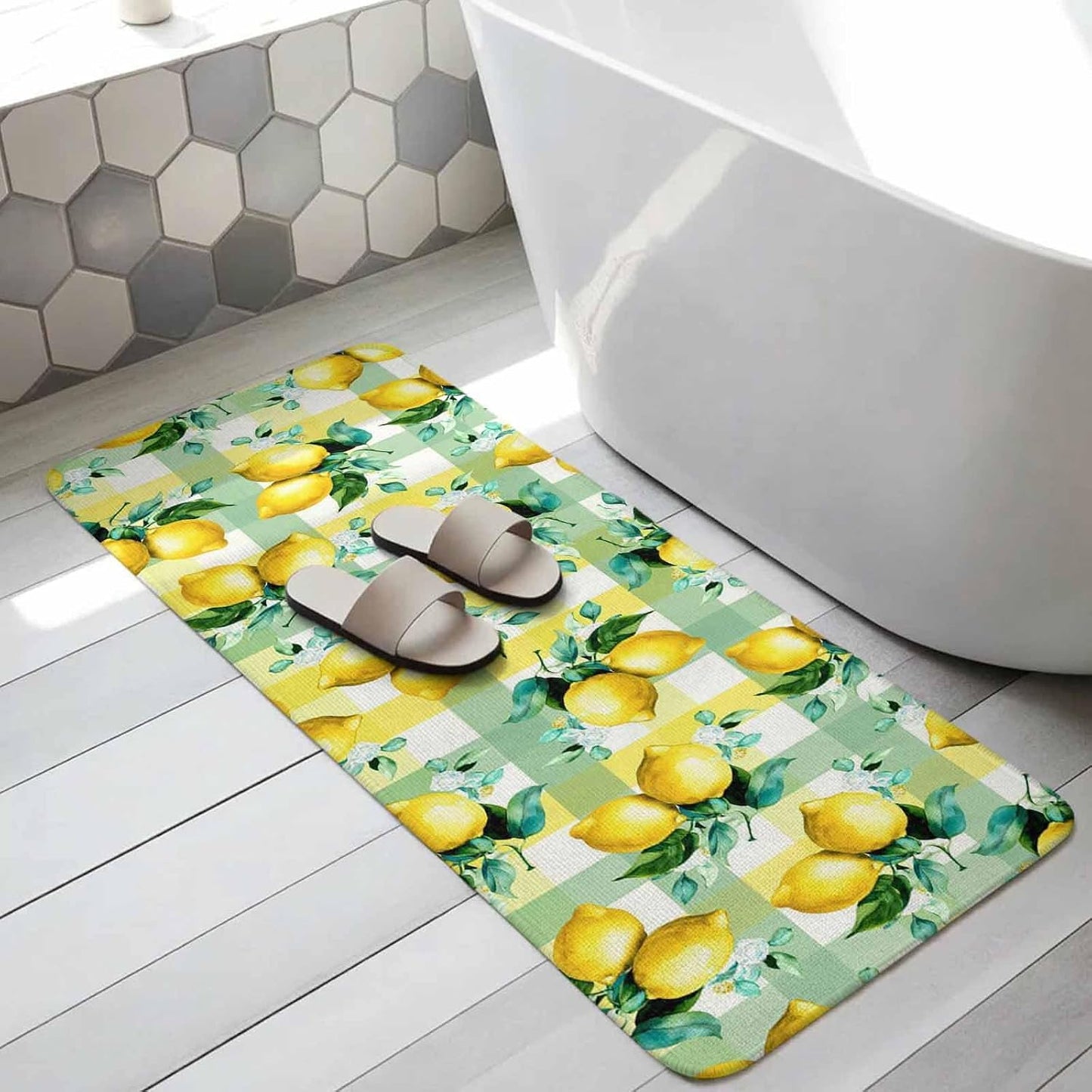 Washable Kitchen Runner Rug, Summer Lemon Fruit Green Leaf Absorbent Non-Slip Runner Rug for Bedroom Hallway Entryway Stair, Light Yellow Green Check Doormat Area Rugs 16x47in