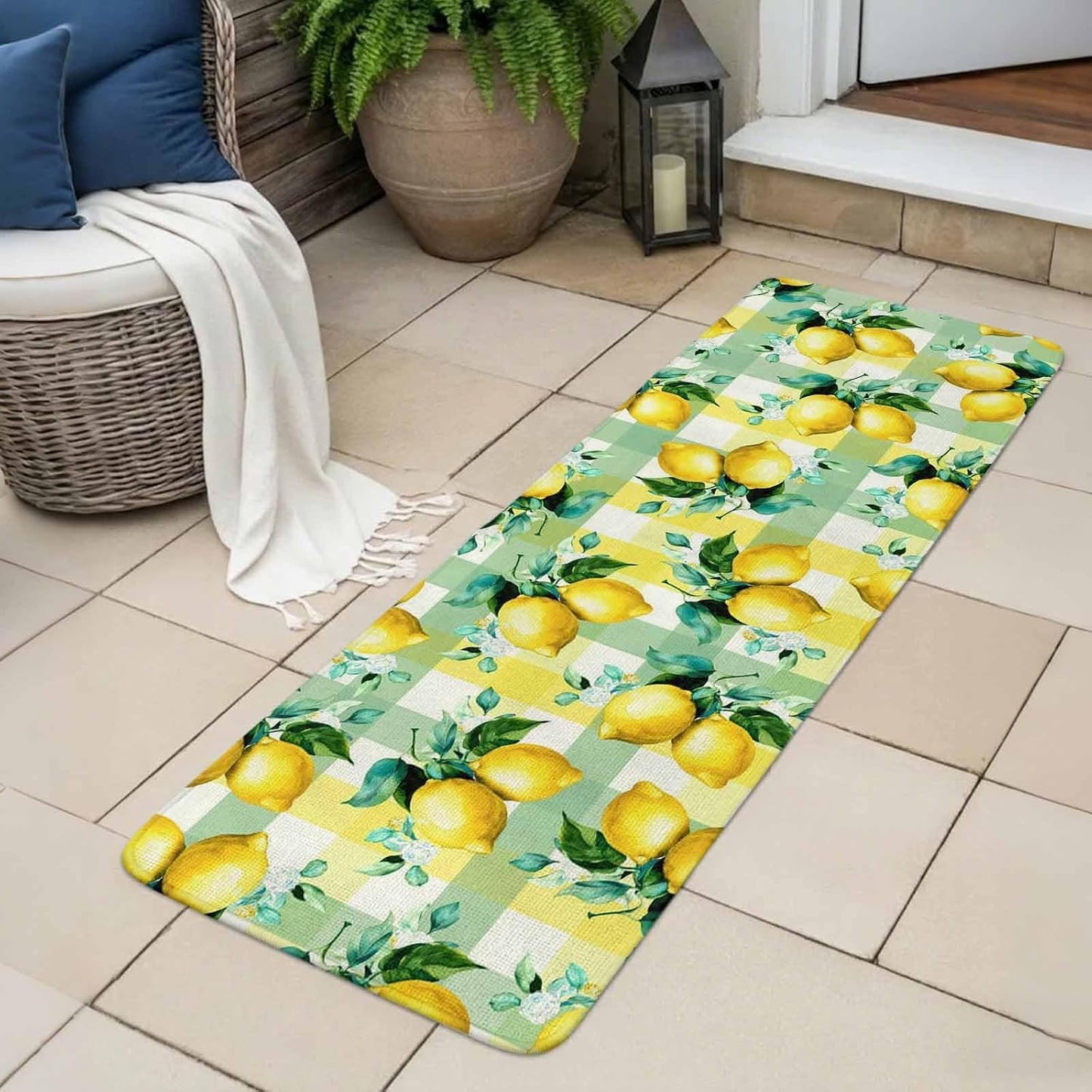 Washable Kitchen Runner Rug, Summer Lemon Fruit Green Leaf Absorbent Non-Slip Runner Rug for Bedroom Hallway Entryway Stair, Light Yellow Green Check Doormat Area Rugs 16x47in