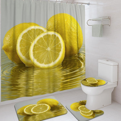 4Pcs Lemon Shower Curtain Set, Yellow Citrus Bath Mat Rugs Accessories for Bathroom Decor, Summer Modern Waterproof Fabric Shower Curtain Set with Hooks 72x72 Inch