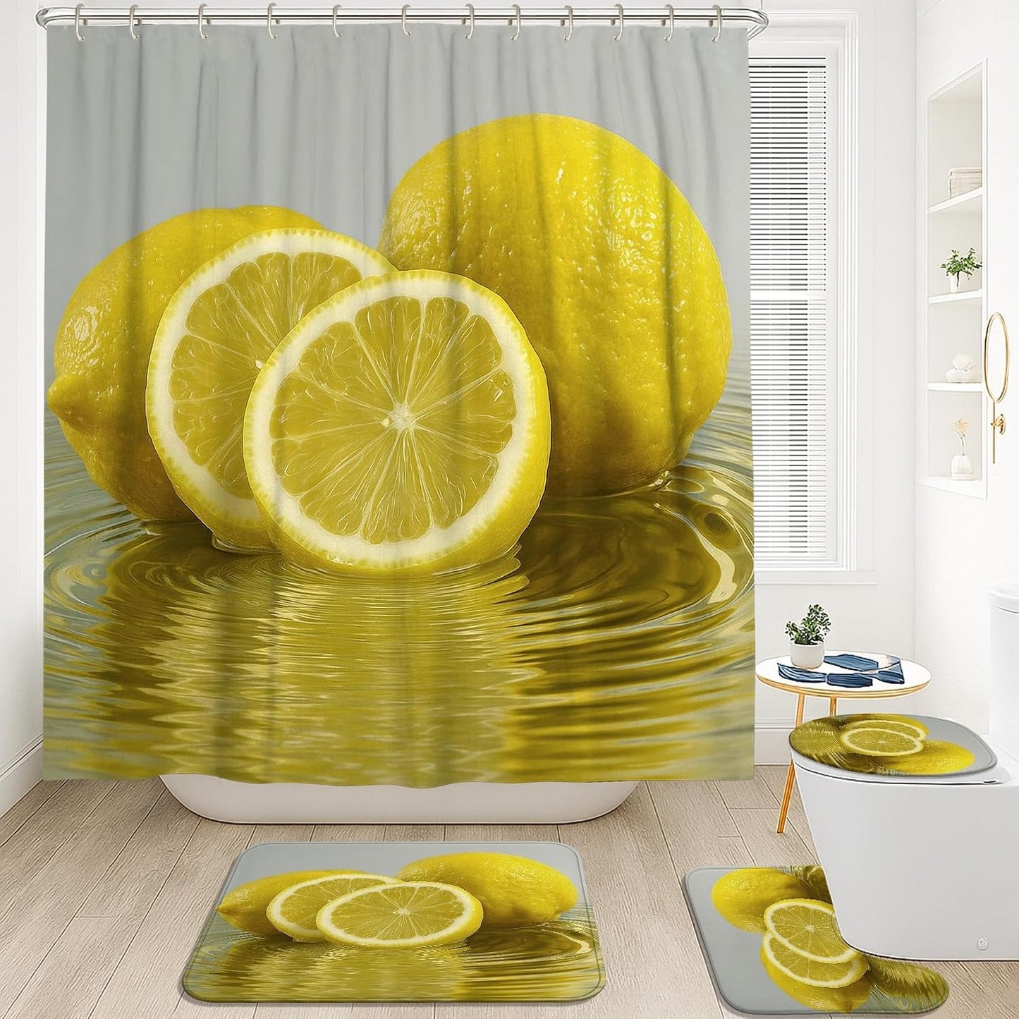 4Pcs Lemon Shower Curtain Set, Yellow Citrus Bath Mat Rugs Accessories for Bathroom Decor, Summer Modern Waterproof Fabric Shower Curtain Set with Hooks 72x72 Inch