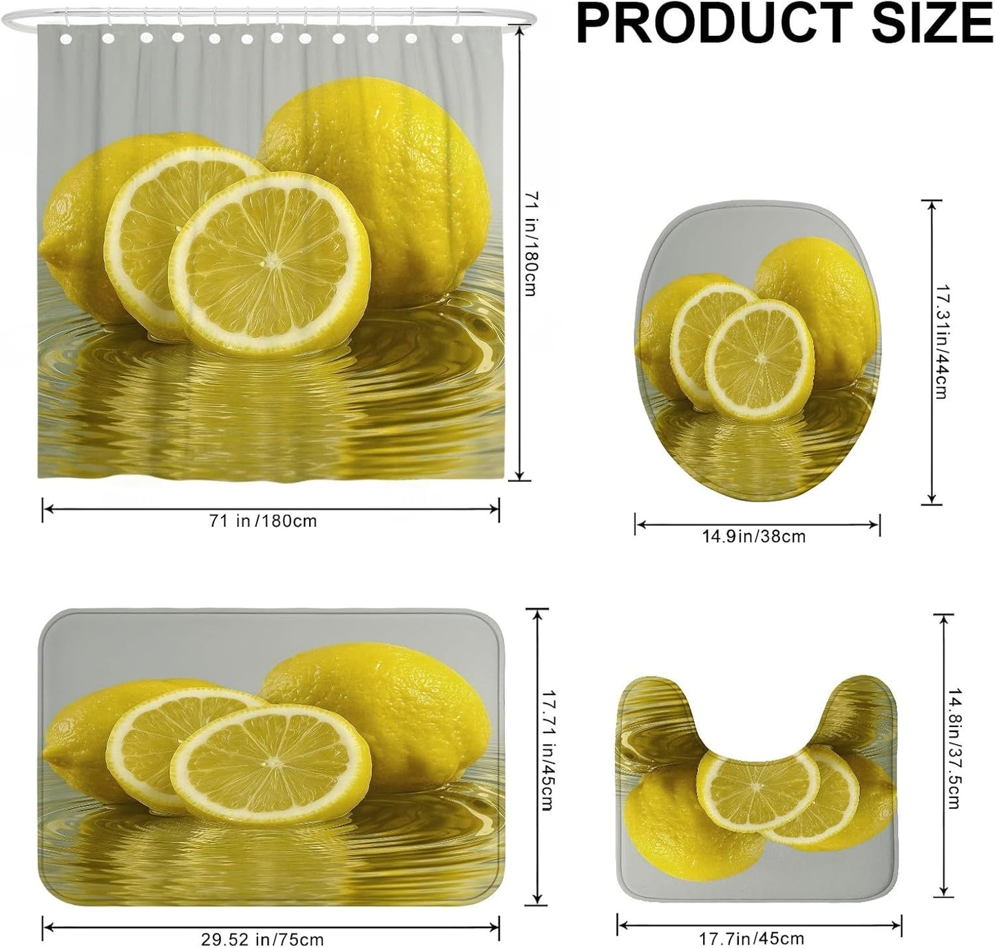 4Pcs Lemon Shower Curtain Set, Yellow Citrus Bath Mat Rugs Accessories for Bathroom Decor, Summer Modern Waterproof Fabric Shower Curtain Set with Hooks 72x72 Inch