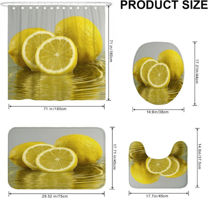 4Pcs Lemon Shower Curtain Set, Yellow Citrus Bath Mat Rugs Accessories for Bathroom Decor, Summer Modern Waterproof Fabric Shower Curtain Set with Hooks 72x72 Inch