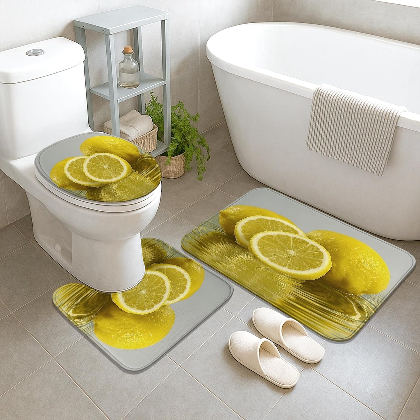 4Pcs Lemon Shower Curtain Set, Yellow Citrus Bath Mat Rugs Accessories for Bathroom Decor, Summer Modern Waterproof Fabric Shower Curtain Set with Hooks 72x72 Inch