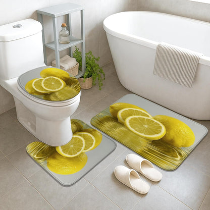 4Pcs Lemon Shower Curtain Set, Yellow Citrus Bath Mat Rugs Accessories for Bathroom Decor, Summer Modern Waterproof Fabric Shower Curtain Set with Hooks 72x72 Inch