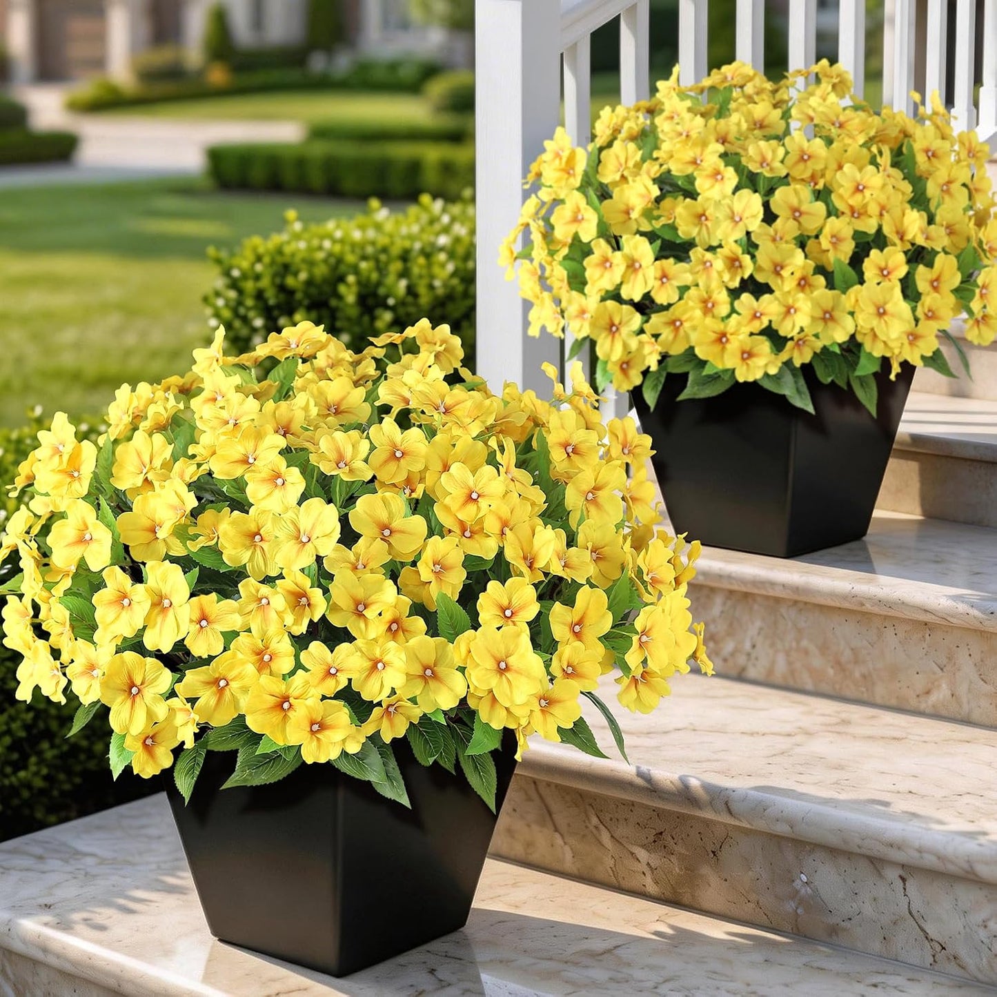 16 Bundles 16"Artificial Impatiens Flower Bouquet for Front Porch(Yellow) | Fake Silk Flower Branches, Faux Impatiens Picks, UV-resistant, for Outdoor Garden Farmhouse Front Door Spring Summer Decor