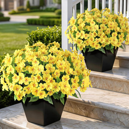16 Bundles 16"Artificial Impatiens Flower Bouquet for Front Porch(Yellow) | Fake Silk Flower Branches, Faux Impatiens Picks, UV-resistant, for Outdoor Garden Farmhouse Front Door Spring Summer Decor