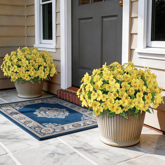 16 Bundles 16"Artificial Impatiens Flower Bouquet for Front Porch(Yellow) | Fake Silk Flower Branches, Faux Impatiens Picks, UV-resistant, for Outdoor Garden Farmhouse Front Door Spring Summer Decor