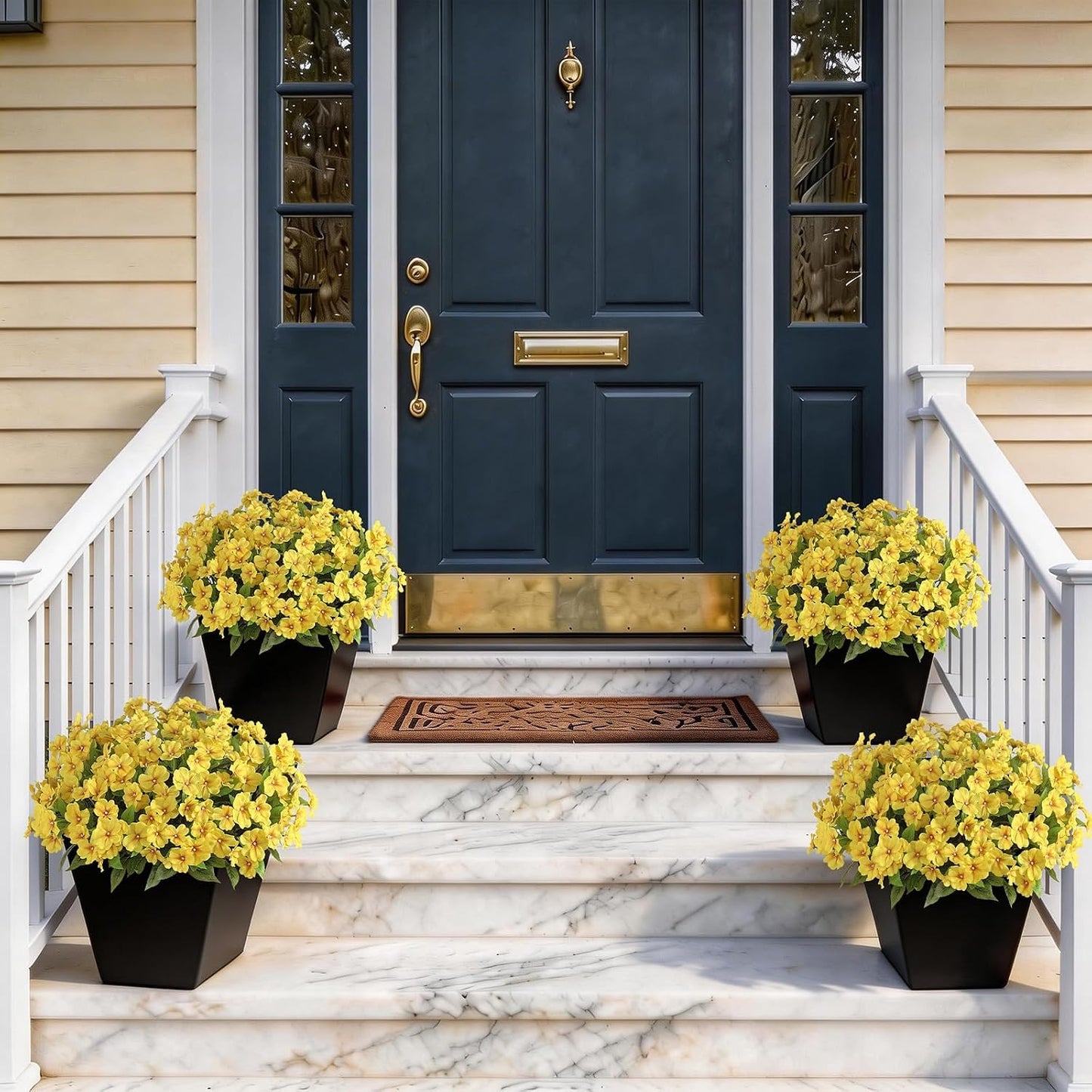 16 Bundles 16"Artificial Impatiens Flower Bouquet for Front Porch(Yellow) | Fake Silk Flower Branches, Faux Impatiens Picks, UV-resistant, for Outdoor Garden Farmhouse Front Door Spring Summer Decor