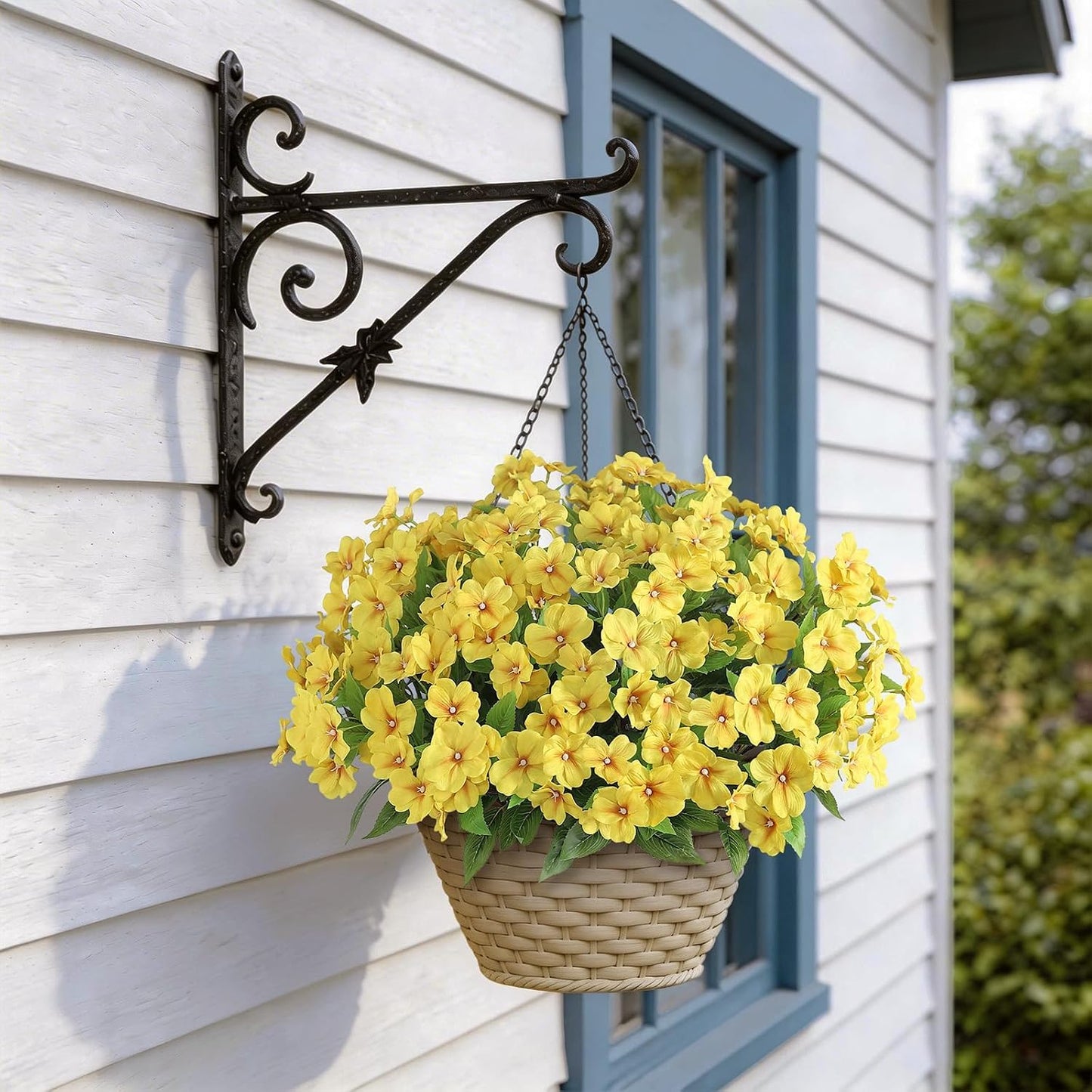 16 Bundles 16"Artificial Impatiens Flower Bouquet for Front Porch(Yellow) | Fake Silk Flower Branches, Faux Impatiens Picks, UV-resistant, for Outdoor Garden Farmhouse Front Door Spring Summer Decor