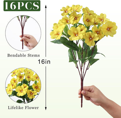 16 Bundles 16"Artificial Impatiens Flower Bouquet for Front Porch(Yellow) | Fake Silk Flower Branches, Faux Impatiens Picks, UV-resistant, for Outdoor Garden Farmhouse Front Door Spring Summer Decor