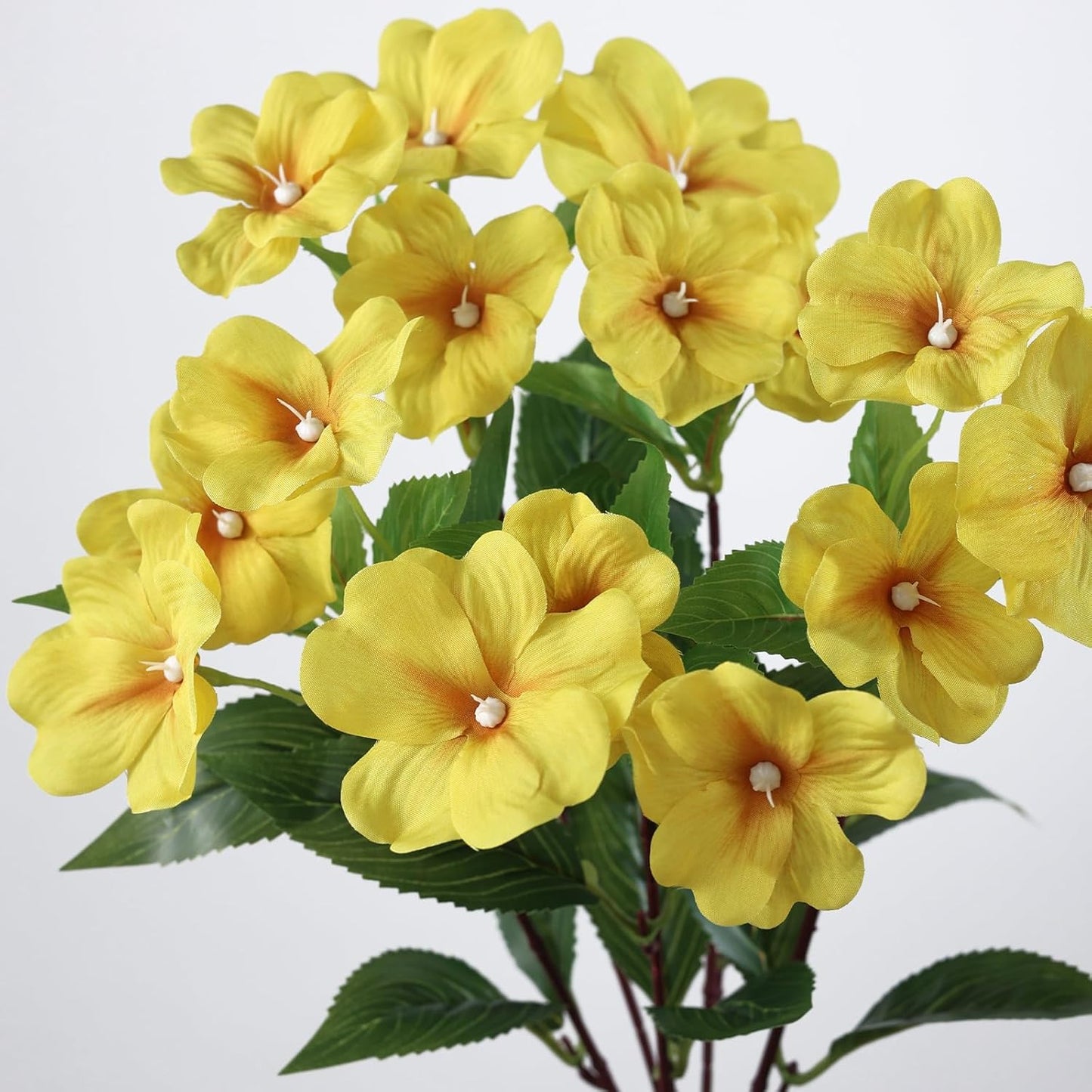 16 Bundles 16"Artificial Impatiens Flower Bouquet for Front Porch(Yellow) | Fake Silk Flower Branches, Faux Impatiens Picks, UV-resistant, for Outdoor Garden Farmhouse Front Door Spring Summer Decor