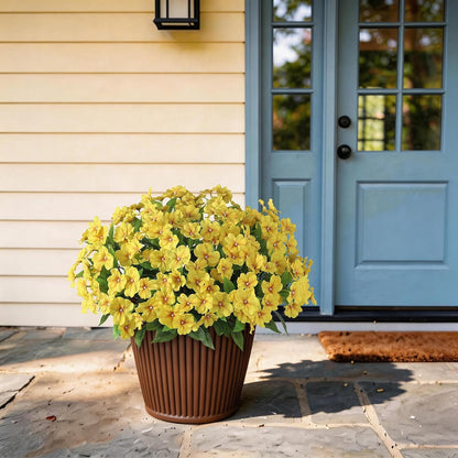 16 Bundles 16"Artificial Impatiens Flower Bouquet for Front Porch(Yellow) | Fake Silk Flower Branches, Faux Impatiens Picks, UV-resistant, for Outdoor Garden Farmhouse Front Door Spring Summer Decor