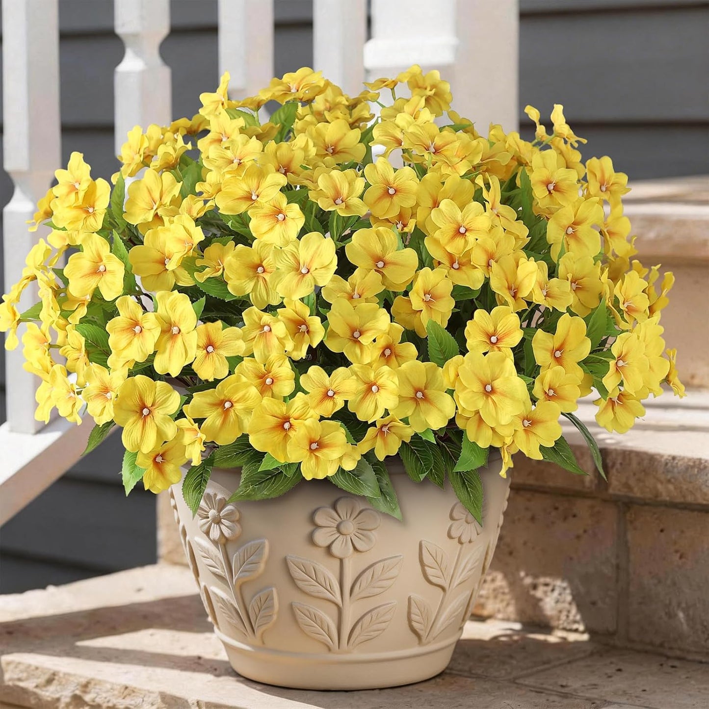 16 Bundles 16"Artificial Impatiens Flower Bouquet for Front Porch(Yellow) | Fake Silk Flower Branches, Faux Impatiens Picks, UV-resistant, for Outdoor Garden Farmhouse Front Door Spring Summer Decor