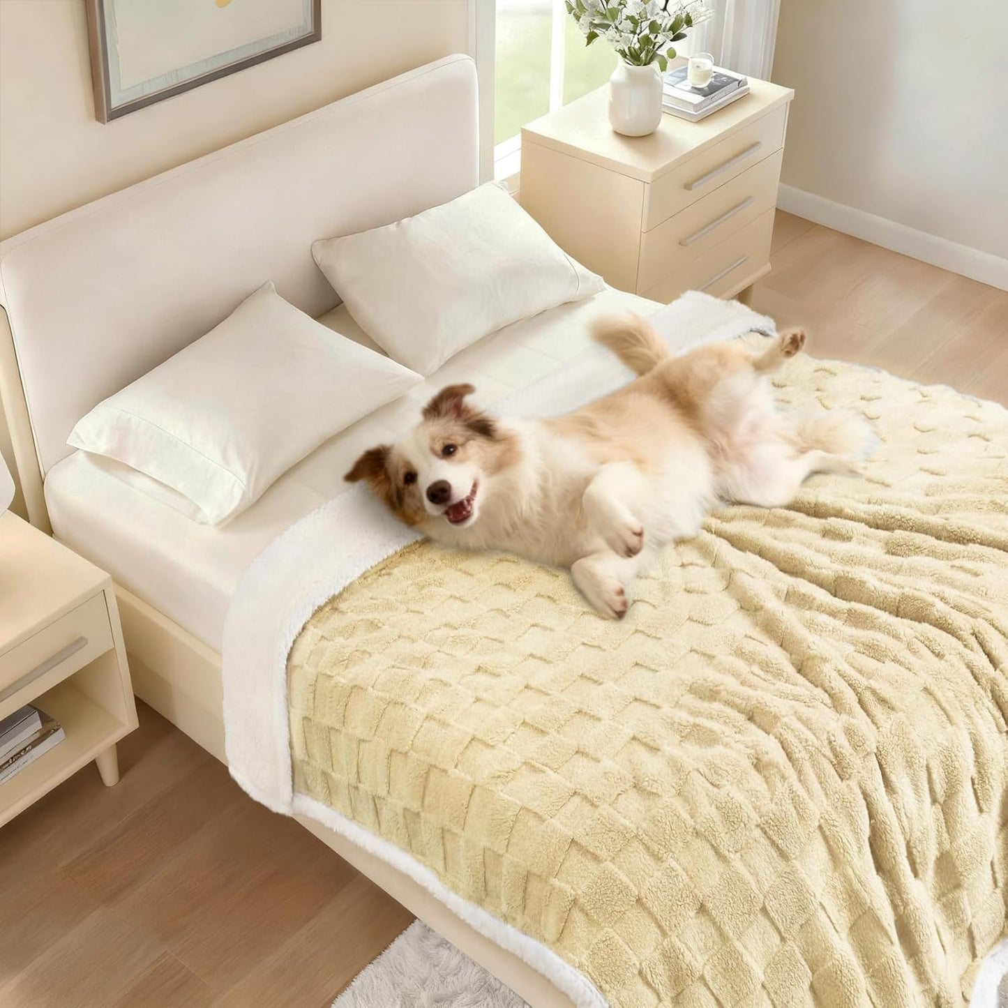 Waterproof Dog Blanket, Reversible Fleece & Sherpa, Couch Cover | Soft plush fluffy, washable, puppy, cat, dog bed, crate, car seat, sofa, throw, furniture protector,Yellow,Small(40" x 28")