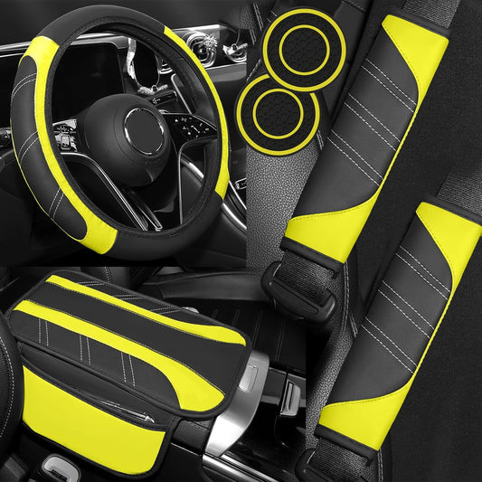 6PCS Yellow Car Accessories Set, Sporty Auto Interior Decoration Accessories with Leather Car Steering Wheel Cover, Center Console Cover, Seat Belt Shoulder Pads, Cup Coasters (Yellow)