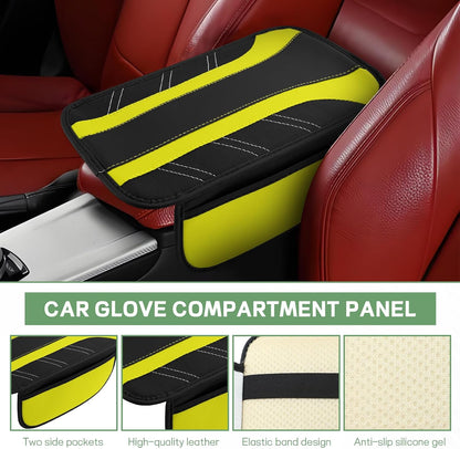6PCS Yellow Car Accessories Set, Sporty Auto Interior Decoration Accessories with Leather Car Steering Wheel Cover, Center Console Cover, Seat Belt Shoulder Pads, Cup Coasters (Yellow)