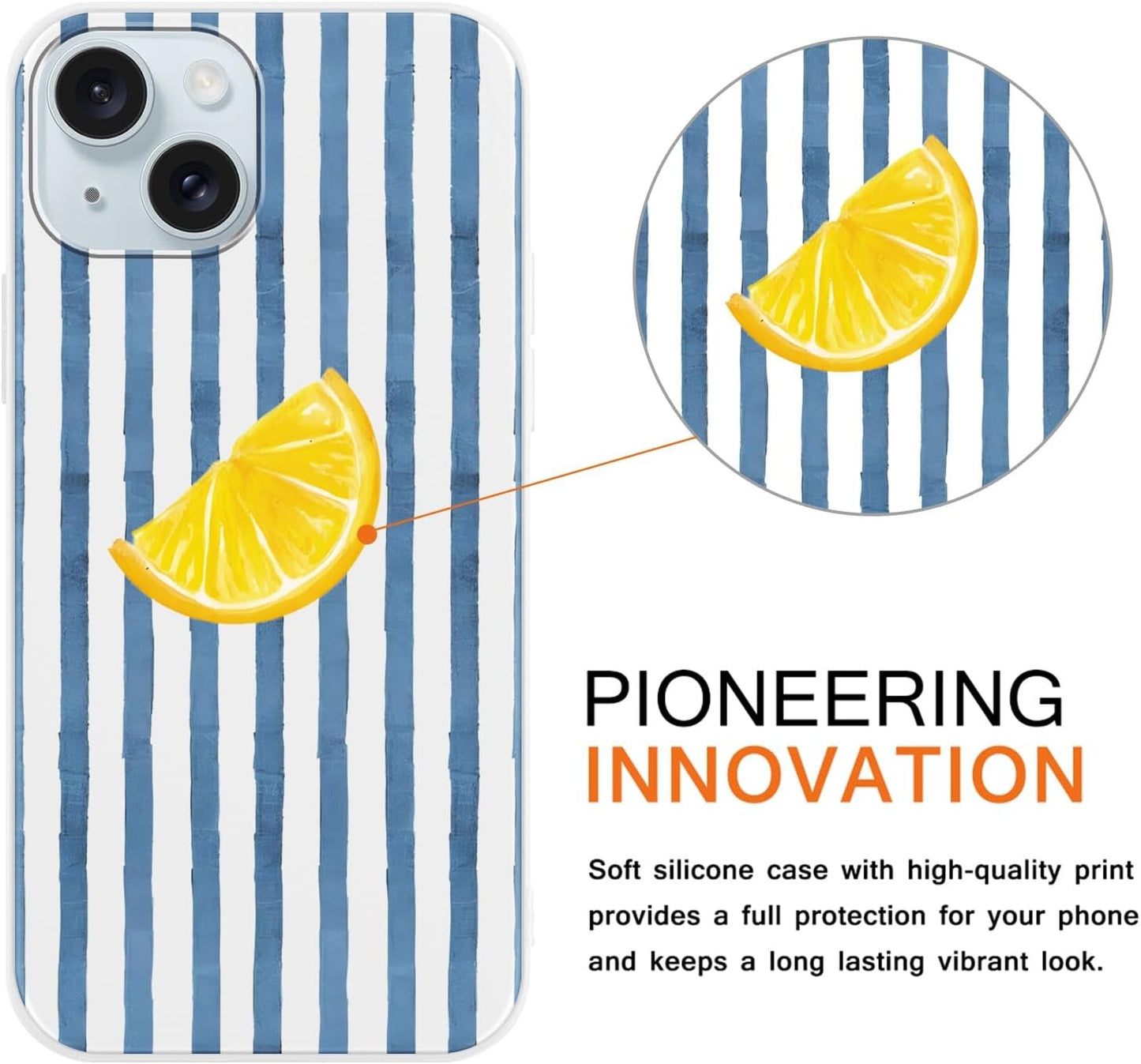 Cute Striped Phone Case for iPhone 15 6.1'' Lemon Pattern Silicone Cover