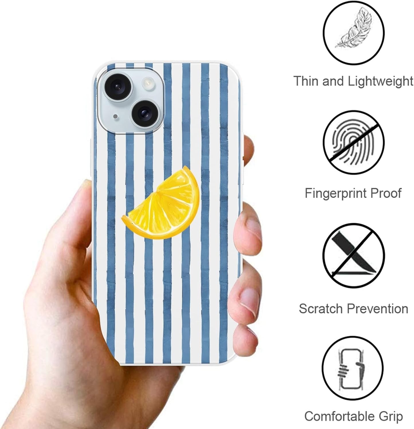 Cute Striped Phone Case for iPhone 15 6.1'' Lemon Pattern Silicone Cover