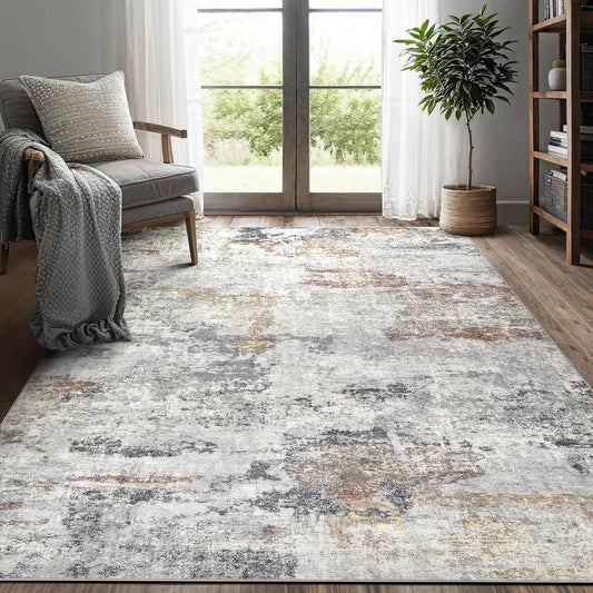 6x9 Area Rug - Washable & Non Slip Indoor Rug for Living Room, Kid & Pet Friendly Abstract Low Pile Soft Carpet for Bedroom and Dining Room - Grey/Orange/Yellow