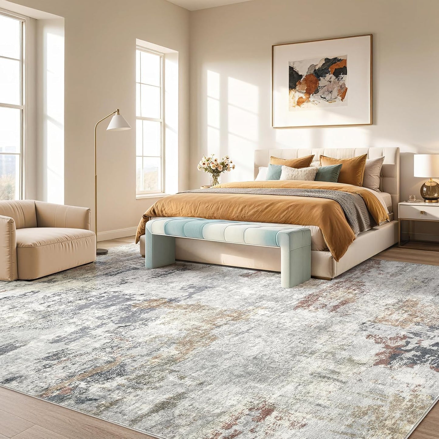 6x9 Area Rug - Washable & Non Slip Indoor Rug for Living Room, Kid & Pet Friendly Abstract Low Pile Soft Carpet for Bedroom and Dining Room - Grey/Orange/Yellow