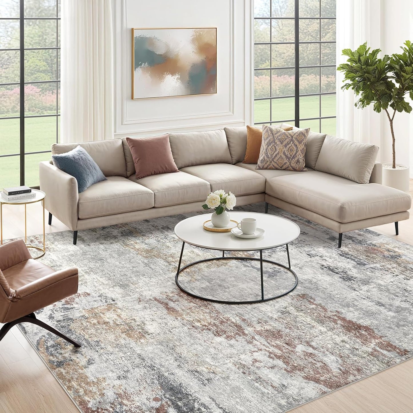6x9 Area Rug - Washable & Non Slip Indoor Rug for Living Room, Kid & Pet Friendly Abstract Low Pile Soft Carpet for Bedroom and Dining Room - Grey/Orange/Yellow