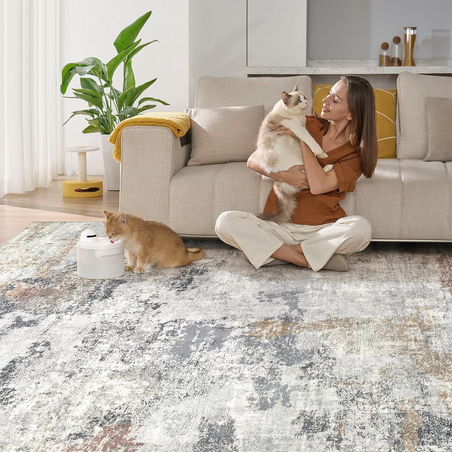 6x9 Area Rug - Washable & Non Slip Indoor Rug for Living Room, Kid & Pet Friendly Abstract Low Pile Soft Carpet for Bedroom and Dining Room - Grey/Orange/Yellow