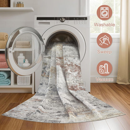6x9 Area Rug - Washable & Non Slip Indoor Rug for Living Room, Kid & Pet Friendly Abstract Low Pile Soft Carpet for Bedroom and Dining Room - Grey/Orange/Yellow