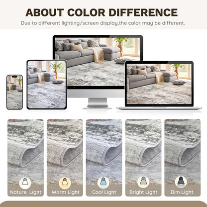 6x9 Area Rug - Washable & Non Slip Indoor Rug for Living Room, Kid & Pet Friendly Abstract Low Pile Soft Carpet for Bedroom and Dining Room - Grey/Orange/Yellow
