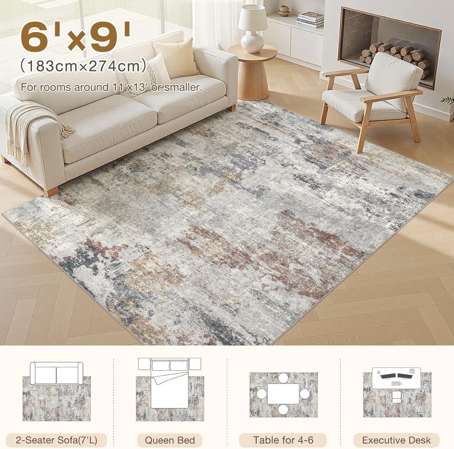 6x9 Area Rug - Washable & Non Slip Indoor Rug for Living Room, Kid & Pet Friendly Abstract Low Pile Soft Carpet for Bedroom and Dining Room - Grey/Orange/Yellow