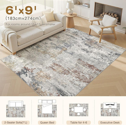 6x9 Area Rug - Washable & Non Slip Indoor Rug for Living Room, Kid & Pet Friendly Abstract Low Pile Soft Carpet for Bedroom and Dining Room - Grey/Orange/Yellow