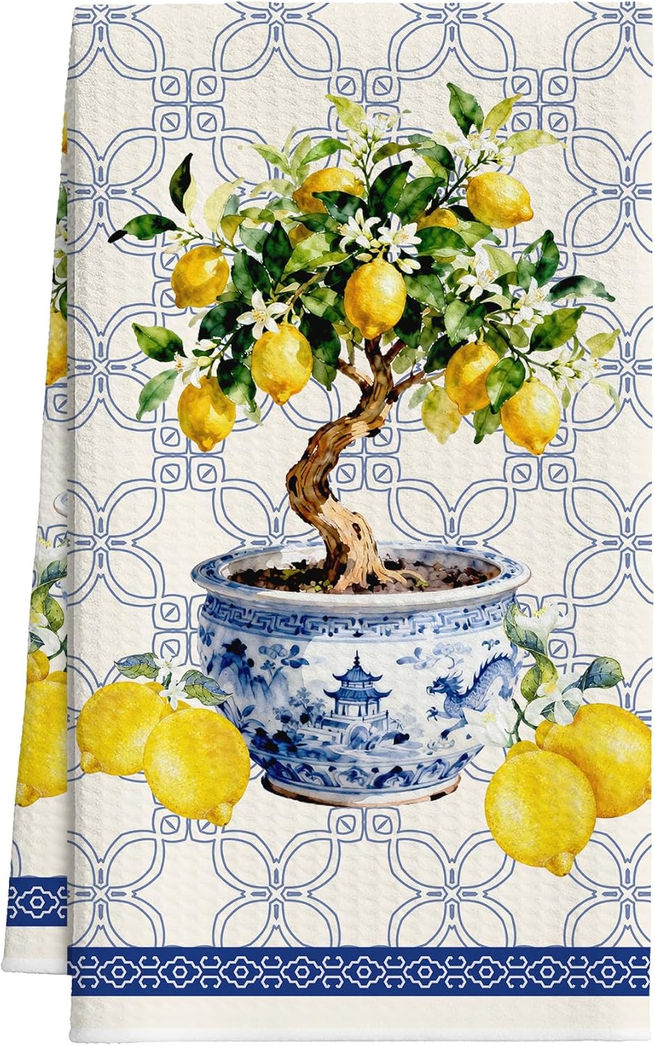 Chinoiserie Lemons Tree Kitchen Towels, Blue and White Porcelain Dish Towel for Kitchen Bathroom, Retro Decorative Hand Towels, Summer Fruit Fast Drying Tea Towel, Spring Gifts Home Decor-S21