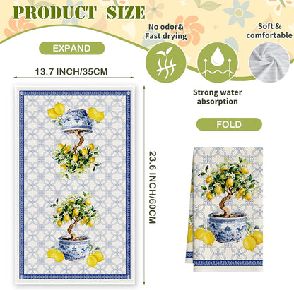 Chinoiserie Lemons Tree Kitchen Towels, Blue and White Porcelain Dish Towel for Kitchen Bathroom, Retro Decorative Hand Towels, Summer Fruit Fast Drying Tea Towel, Spring Gifts Home Decor-S21