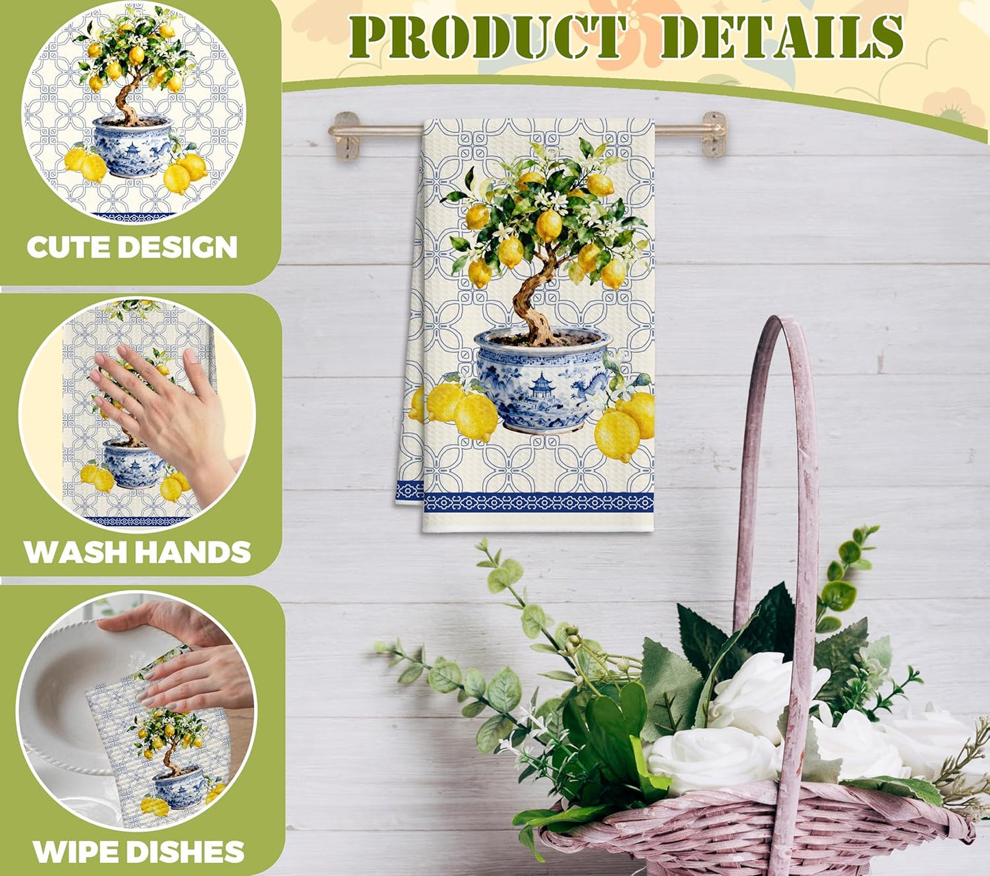 Chinoiserie Lemons Tree Kitchen Towels, Blue and White Porcelain Dish Towel for Kitchen Bathroom, Retro Decorative Hand Towels, Summer Fruit Fast Drying Tea Towel, Spring Gifts Home Decor-S21