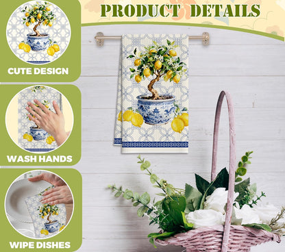 Chinoiserie Lemons Tree Kitchen Towels, Blue and White Porcelain Dish Towel for Kitchen Bathroom, Retro Decorative Hand Towels, Summer Fruit Fast Drying Tea Towel, Spring Gifts Home Decor-S21
