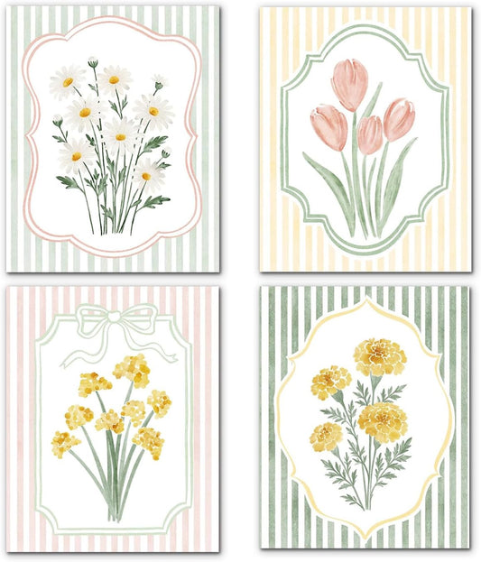 Cottagecore Floral Nursery Wall Art Prints Posters 8x10 Set of 4, Vintage Pastel Watercolor Daisy Tulip Yellow Flower Striped Wall Decor Pictures Artwork for Girls Room Bedroom, Unframed