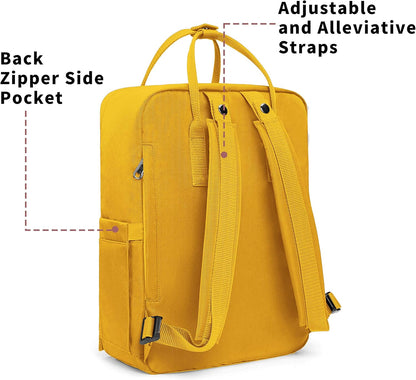 Casual Laptop Backpack 15 Inches Square Daypack Totepack Travel Bag | Anti Splash Multi Pockets Classic Adjustable Rucksack For Outdoor Sports College Hiking Gym Camping Women, Yellow