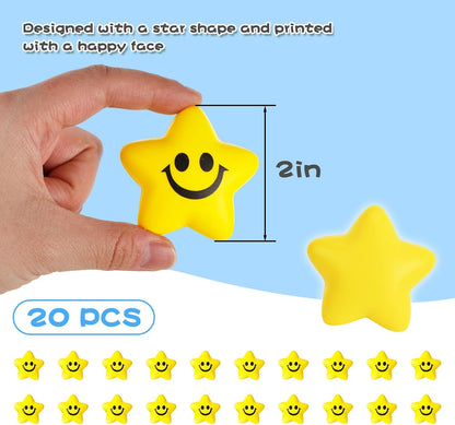 20PCS Star Stress Balls for Adults, 2 Inch Squeeze Toys Smile Face for Kids Adults Classroom Party Prizes Anxiety Fidget Sensory (Pack of 2)