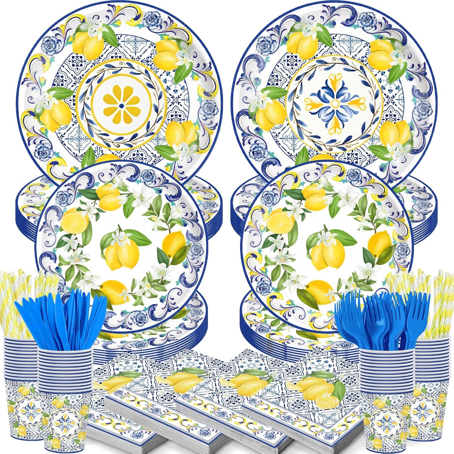 140PCS Capri Lemon Party Decorations,Amalfi Coast Party Mediterranean Theme Tableware Set Plates Napkins Cups Tableware,Capri Lemon Summer Wedding Party Decorations Serves 20 Guests