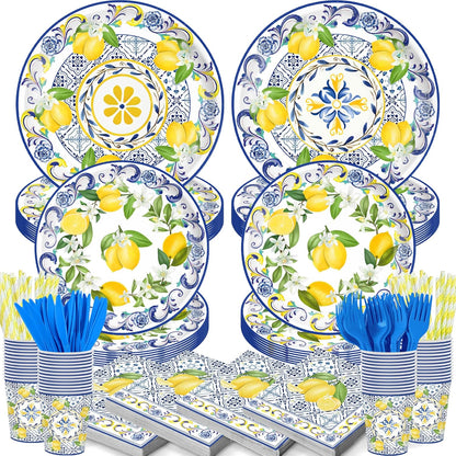 140PCS Capri Lemon Party Decorations,Amalfi Coast Party Mediterranean Theme Tableware Set Plates Napkins Cups Tableware,Capri Lemon Summer Wedding Party Decorations Serves 20 Guests