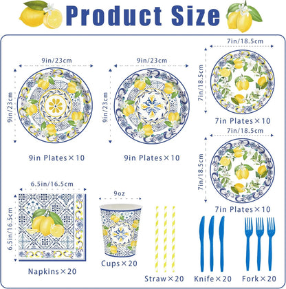 140PCS Capri Lemon Party Decorations,Amalfi Coast Party Mediterranean Theme Tableware Set Plates Napkins Cups Tableware,Capri Lemon Summer Wedding Party Decorations Serves 20 Guests