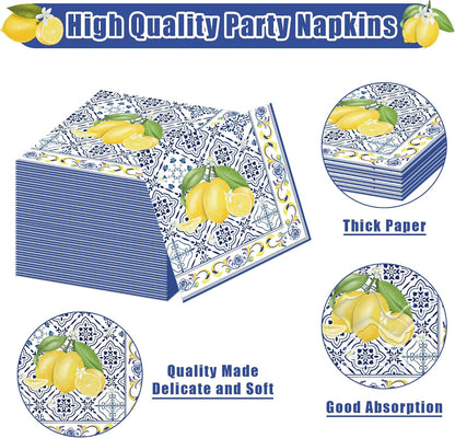 140PCS Capri Lemon Party Decorations,Amalfi Coast Party Mediterranean Theme Tableware Set Plates Napkins Cups Tableware,Capri Lemon Summer Wedding Party Decorations Serves 20 Guests