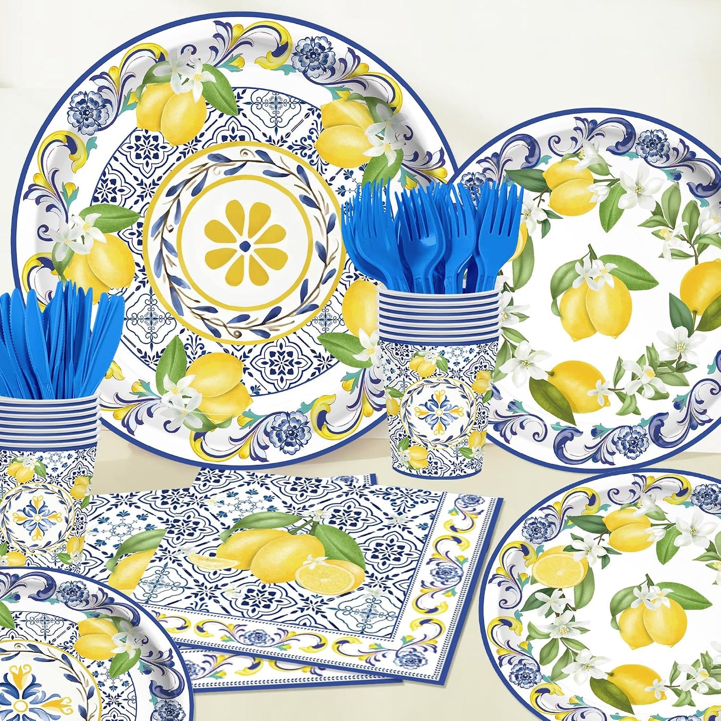 140PCS Capri Lemon Party Decorations,Amalfi Coast Party Mediterranean Theme Tableware Set Plates Napkins Cups Tableware,Capri Lemon Summer Wedding Party Decorations Serves 20 Guests