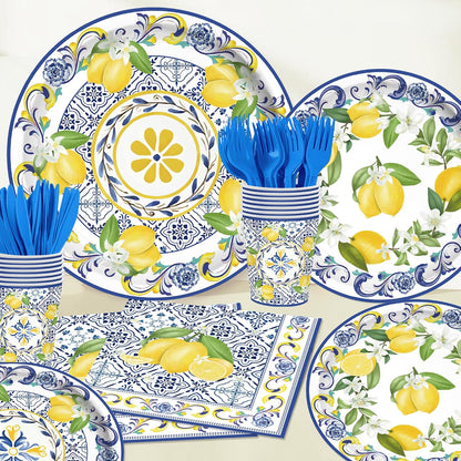 140PCS Capri Lemon Party Decorations,Amalfi Coast Party Mediterranean Theme Tableware Set Plates Napkins Cups Tableware,Capri Lemon Summer Wedding Party Decorations Serves 20 Guests