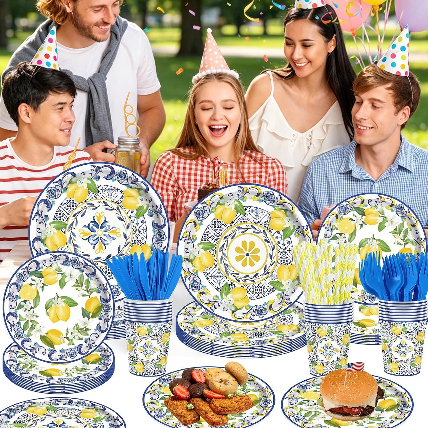 140PCS Capri Lemon Party Decorations,Amalfi Coast Party Mediterranean Theme Tableware Set Plates Napkins Cups Tableware,Capri Lemon Summer Wedding Party Decorations Serves 20 Guests