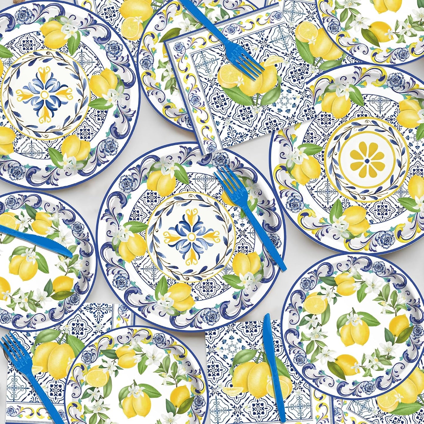 140PCS Capri Lemon Party Decorations,Amalfi Coast Party Mediterranean Theme Tableware Set Plates Napkins Cups Tableware,Capri Lemon Summer Wedding Party Decorations Serves 20 Guests