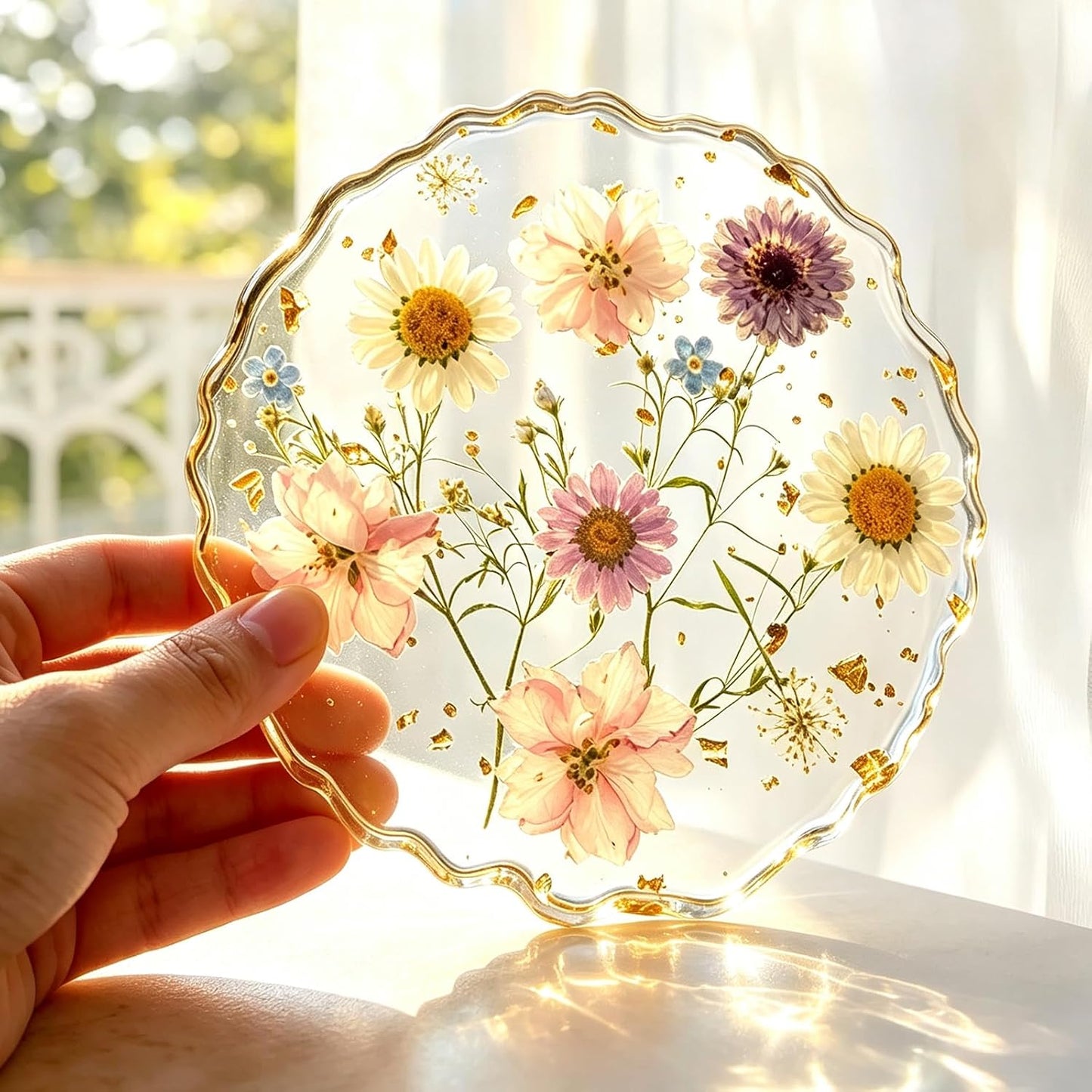 Dried Flowers for Resin, Art Coasters in 4.92" Large Size Handmade Pressed | Clear Resin Desk Coasters with Anti-Slip Silicone Dots and Show Holder, Gifts for Mother, Bridesmaid & Housewarming Present