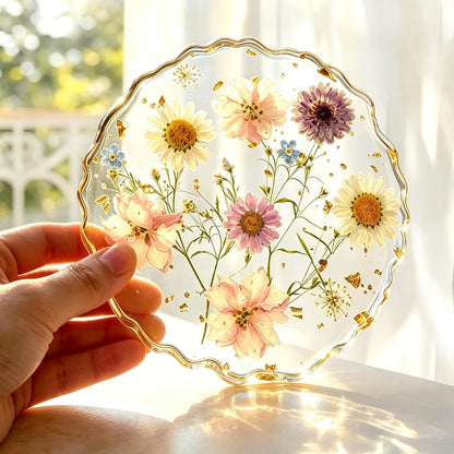 Dried Flowers for Resin, Art Coasters in 4.92" Large Size Handmade Pressed | Clear Resin Desk Coasters with Anti-Slip Silicone Dots and Show Holder, Gifts for Mother, Bridesmaid & Housewarming Present