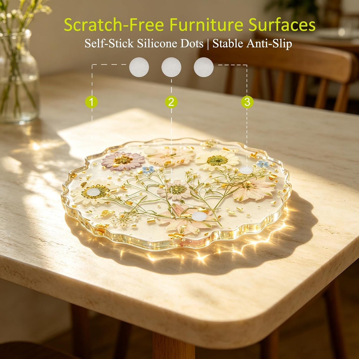 Dried Flowers for Resin, Art Coasters in 4.92" Large Size Handmade Pressed | Clear Resin Desk Coasters with Anti-Slip Silicone Dots and Show Holder, Gifts for Mother, Bridesmaid & Housewarming Present