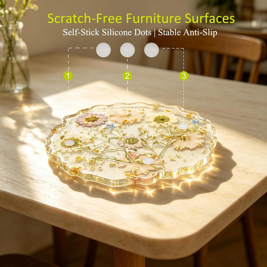 Dried Flowers for Resin, Art Coasters in 4.92" Large Size Handmade Pressed | Clear Resin Desk Coasters with Anti-Slip Silicone Dots and Show Holder, Gifts for Mother, Bridesmaid & Housewarming Present